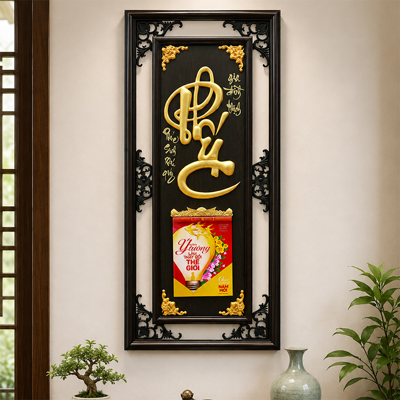 Lịch Gỗ Cao Cấp Chữ Ph&uacute;c - Nền Đen XLG11